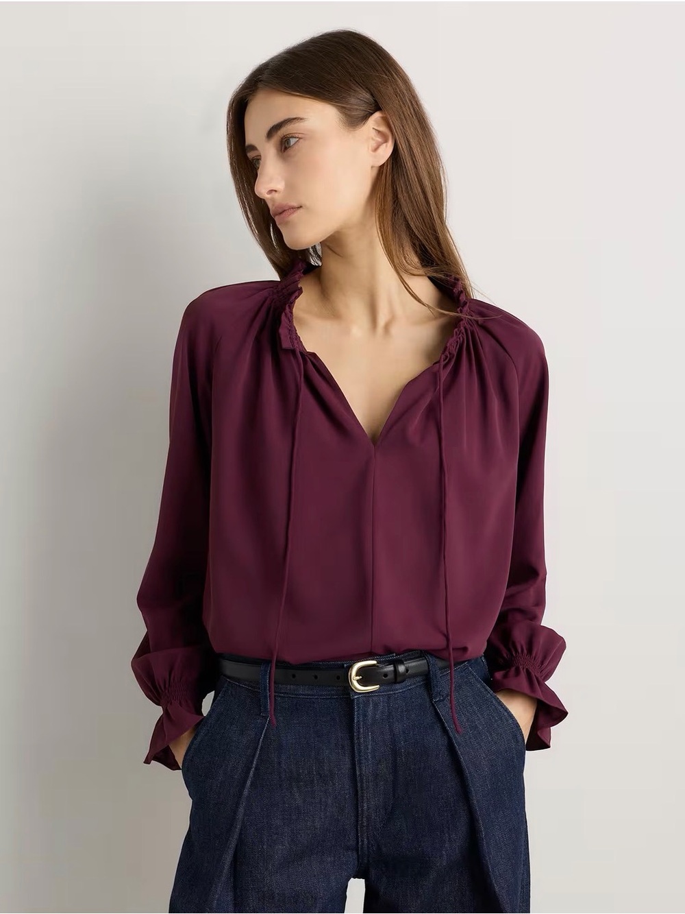 🤎 Quince Drapey Chiffon Split Neck Long Sleeve Blouse 🤎